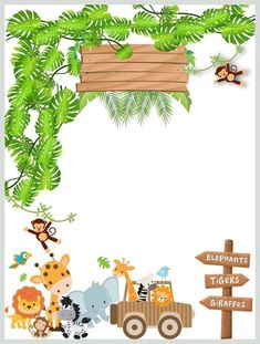 an animal themed border with wooden signs and jungle animals