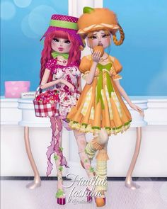 two dolls are standing next to each other