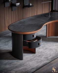 an office desk with two drawers on each side and a curved table in the middle