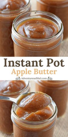 three jars filled with apple butter on top of a table