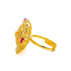 This stunning 22k gold statement ring, weighing 7.5 grams, features a sleek yellow gold finish and a striking geometric design adorned with sparkling cubic zirconia stones. The ring is sized at 6.75 but offers adjustability from size 5.75 to 7.75, ensuring a perfect fit. Ideal for those who appreciate modern and bold jewelry, this ring seamlessly combines the timeless elegance of gold with the contemporary appeal of CZ in a geometric pattern, making it a standout piece for any occasion or stylis 22k Gold Ring With Stone Setting, Gold Ruby Ring With Stone Setting, Open Design, Gold Ruby Ring With Open Stone Setting, Hand Set Gold Plated Rings, Gold Open Diamond Ring With Stone Setting, Gold Ruby Ring With Diamond In Open Ring Design, Gold Ruby Ring With Diamond In Open Ring Shape, Gold Ruby Ring With Diamond And Open Shape, Indian Rings