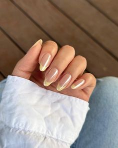 Nails To Match Yellow Dress, Yellow French Tip Nails Almond, Simple Nails Yellow, Yellow Chrome Nails Designs, Almond Nails Yellow, Trendy Nails Yellow, Yellow French, Yellow Nails Design, Yellow Nail