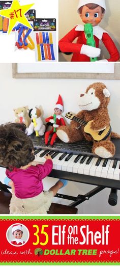 the elf is playing with stuffed animals on the piano