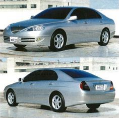 two pictures of a silver car parked in front of a building