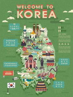 an illustrated map of korea with all the major attractions and places to see in it