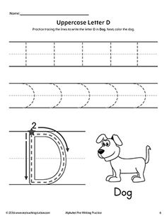 the letter d worksheet for children with an image of a dog on it