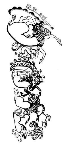 a line drawing with many different designs on it