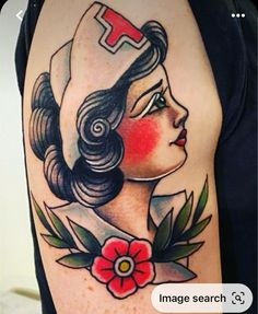 a woman with a nurse's hat and flowers on her arm