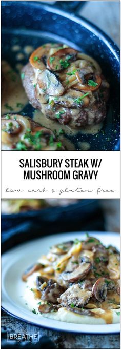 steak with mushrooms and gravy in a skillet on the side is shown