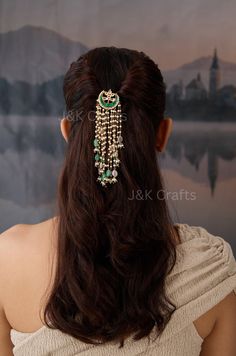 This kundan braid pin offers a celestial beauty that is fit for royalty. Each delicate kundan sparkles with timeless elegance, embodying the essence of celestial allure. The suspended pearls resemble dewdrops on delicate petals, creating a mesmerizing display of celestial charm with every movement. Adding a hint of verdant allure to the ensemble are small units of green kundan, reminiscent of a blooming spring garden. Trinkets of pearls further enhance the elegance and grace of this piece, creating a harmonious symphony of celestial beauty. Closure - Hook Weight - 27gm Festive Green Kundan Jewelry, Green Kundan Jewelry With Motifs, Gold Side Hair Pins Indian, Kundan Hair Clips, Traditional Green Kundan Pearl Earrings, Garden Trinkets, Hair Mistakes, Look Older, Wedding Hair Pins