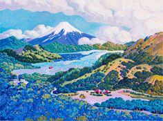 a painting of a mountain landscape with blue flowers in the foreground and clouds in the background