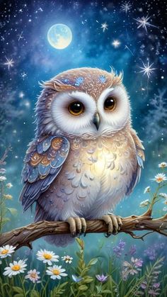 an owl sitting on top of a tree branch in front of the moon and stars