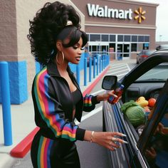 a woman is opening the door of a car with fruit and vegetables in it,