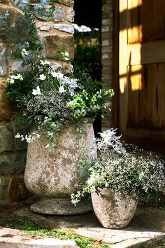 two large vases filled with flowers sitting next to each other on a stone step