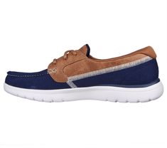 Classic nautical style and comfort combine in the Skechers On-the-GO Flex - Embark shoe. This lace-up boat shoe features a colorful canvas fabric and smooth 'Leather-Tex' fabric upper with an Air-Cooled Goga Mat insole and a lightweight ULTRA GO cushioned midsole. | Skechers Women's On-the-GO Flex - Embark Shoes Sporty Lace-up Boat Shoes With Rubber Sole, Casual Lace-up Sneakers For Boating, Lace-up Boat Shoes For Boating, Sporty Low-top Sneakers For Boating, Navy Low-top Casual Boat Shoes, Nautical Style, Boat Shoe, Wide Shoes, Window Shopping