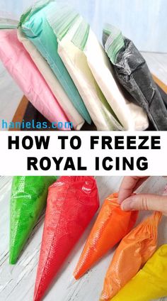 how to freeze royal icing with colored cones and plastic bags on the table for decoration