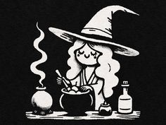 a black and white drawing of a witch cooking