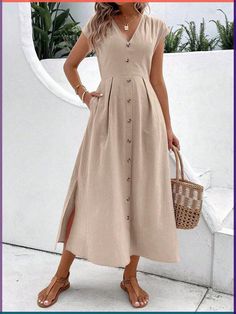 Italian Vineyard Outfit, Petite Long Dress, Linen Fashion Women Summer, Long Casual Dress Outfit, Summer Dresses 2024, Classic Style Dresses, Long Dress With Short Sleeves, Style Vert, Stylish Maxi Dress