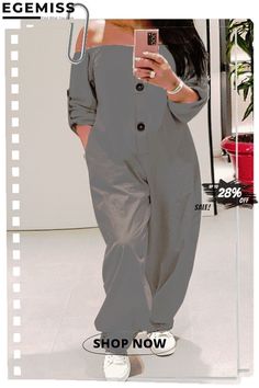 Grey Fashion Casual Solid Patchwork Off The Shoulder Plus Size Jumpsuits Off The Shoulder Plus Size, Solid Color Jumpsuits, Plus Size Jumpsuit, Kids Beachwear, Grey Fashion, Maternity Bag, Women's Style, Plus Clothing, Fashion Casual