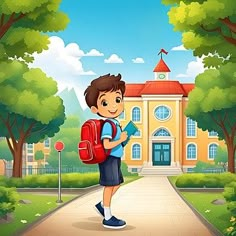 a boy with a backpack standing in front of a school