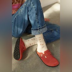 Brand New In Box! Casual Red Clogs With Rubber Sole, Red Slip-on Casual Clogs, Casual Red Slip-on Clogs, Casual Red Clogs With Cushioned Footbed, Casual Red Leather Clogs, Casual Red Clogs With Leather Footbed, Thrift Bundle, Birkenstock Boston Suede, Pink Platform Sandals