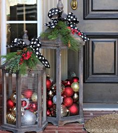 the front door is decorated for christmas with ornaments