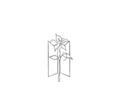 a line drawing of a single rose in a square vase on a white background with the word love written below it