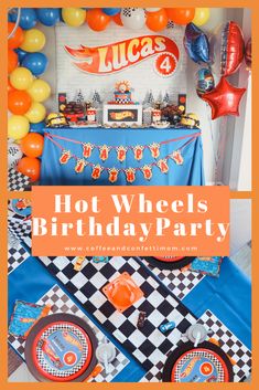 an orange and blue birthday party with hot wheels decorations, balloons, and streamers