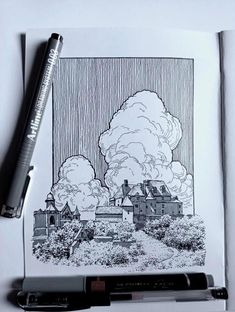 Fineliner Art Buildings, Gomatrical Pattren Design, Micron Pen Sketches, Micron Pen Art Sketches Architecture, Pen Art Architecture, Hatching Landscape, Shallow Drawing, Urban Sketching Pen, Ink Sketches Sketchbooks