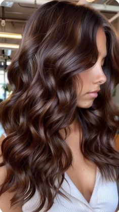 Hot Chocolate Highlights, Brown Balayage Hair Chocolates, Chocolate Hazelnut Hair Color, Balayage Hair Chocolate Brown, Solid Fall Hair Color, Chocolate Brunette Balayage, Caramel Chocolate Hair, Brown Chocolate Hair Color, Hair Colors For Pale Skin And Blue Eyes