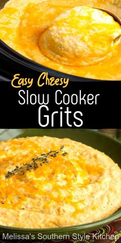 easy cheesy slow cooker grits recipe in the crock pot with text overlay