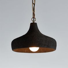 a black and gold pendant light hanging from a chain