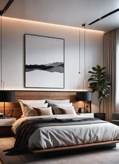 a large bed sitting in a bedroom next to a painting on the wall above it