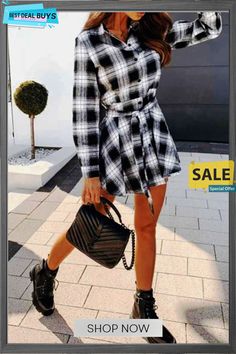 Long Sleeve Plaid Shirt Mini Dress Long Sleeve Plaid Dress, Plaid Shirt Dress, Shirt Mini Dress, Shirt Collar Styles, Plaid Dress Shirt, Long Sleeve Plaid Shirt, Style Upgrade, Long Sleeve Plaid, Outfit Combinations