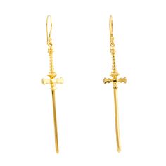 Killer detailed "defender" sword earrings. These badass beauties are made using 14kt gold plate and solid silver, are hand-made and make a big statement. Great earrings that give your outfit a little edge! Made by Kingdom Jewelry using Sterling Silver. Dimensions- Length: 2 and 1/2 inches Width: 1/2 of an inch Code: SEUDX2 (OM) 14kt Gold, Favorite Jewelry, Jewelry Earrings Dangle, Cross Necklace, Gold Earrings, Dangle Drop Earrings, Hand Made, Dangle Earrings, Gold Plate