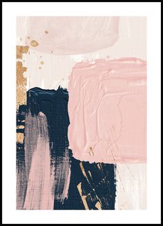 an abstract painting with pink, black and gold paint strokes on it's edges