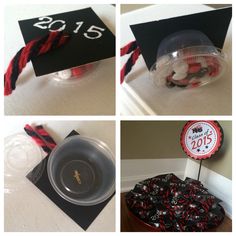 graduation decorations are shown in four different pictures, including the top one is a hat and the bottom one has a clock