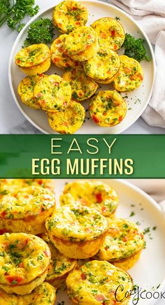 egg muffins on a white plate with parsley in the background and text overlay that reads easy egg muffins