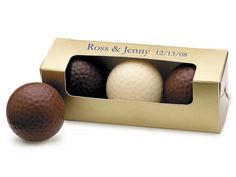 three golf balls in a gold box