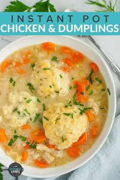 chicken and dumpling soup in a white bowl with parsley on the side text reads instant pot chicken and dumplings