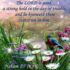 a blue bird sitting on top of flowers with a bible verse above it that reads, the lord is god, a strong hold in the day of trouble and he