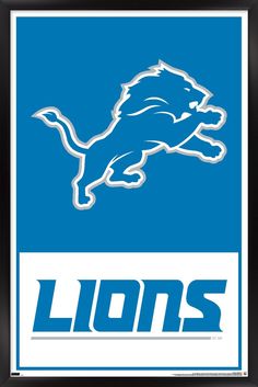 the detroit lions logo is shown on a blue background with white letters and an image of a