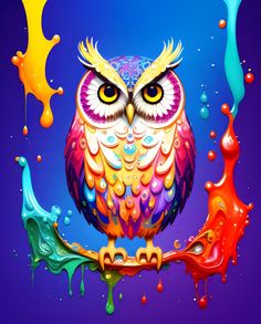 an owl is sitting on a branch with paint splatters around it and the moon in the background