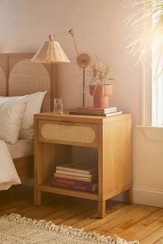 Bedside Tables | Modern, Narrow + Small Nightstands | Urban Outfitters Wood Nightstand Bedroom, Chic Bedside Table, Boho Nightstand, Drawer Dimensions, Bedside Essentials, Small Nightstand, Nightstand Decor, Modern Bedside Table, Honey Oak