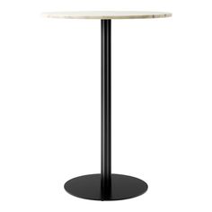 a round table with a black base and a white marble top on an isolated pedestal