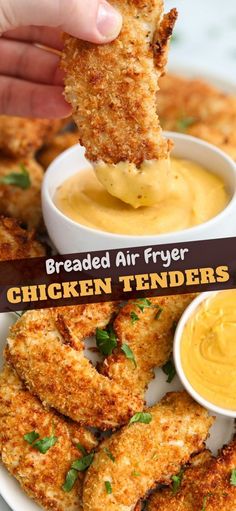 fried air fryer chicken tenders on a plate with dipping sauce in a bowl