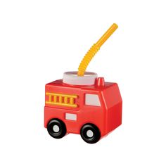 a toy firetruck with a yellow straw sticking out of it's top