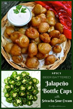 jalapeno bottle caps with sriraca sour cream on the side and an advertisement for beer battered jalapeno bottles