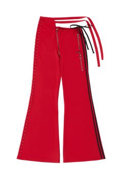 Low- waisted poly- tracksuit pants in red, featuring barbell piercing hardwares. Asymmetry with two way zipper and tieable waistband. Slightly flared pant legs. - Ring pierced logo design - Two pockets with zippers - horseshoe piercing zipper pulls - Extended tieable waistband - Asymmetry waistline and center front - Black double jersey taping Model is 5ft 6” and wears Size XS Edgy Red Pants For Streetwear, Red Punk Pants For Streetwear, Red Punk Style Pants For Streetwear, Edgy Red Stretch Pants, Chinese Pants, Horseshoe Piercing, Legs Ring, Canada Trip, Barbell Piercing