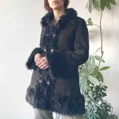 Vintage Y2K 2000's 00's Black Faux Fur Button Up Borg Trim Penny Lane Afghan Coat Jacket | Boho Whimsigoth Style | Size L condition: 9/10 size: feels like L Model is size UK8/EU36/S and is 173 cm tall (5.7ft) the item is preloved/vintage so some signs of natural wear and age might appear. this item hasn't been washed by us, might need a dry clean! we ship from Poland! Sheepskin Fur Coat With Faux Fur Trim, Mink Colored Shearling Fur Coat With Faux Fur Trim, Winter Shearling Fur Coat With Faux Fur Trim, Vintage Shearling Fur Coat With Faux Fur Trim, Shearling Fur Coat With Faux Fur Trim, Winter Sheepskin Outerwear With Feather Trim, Boho Hippie Aesthetic, Women Fur Coat, Whimsigoth Style